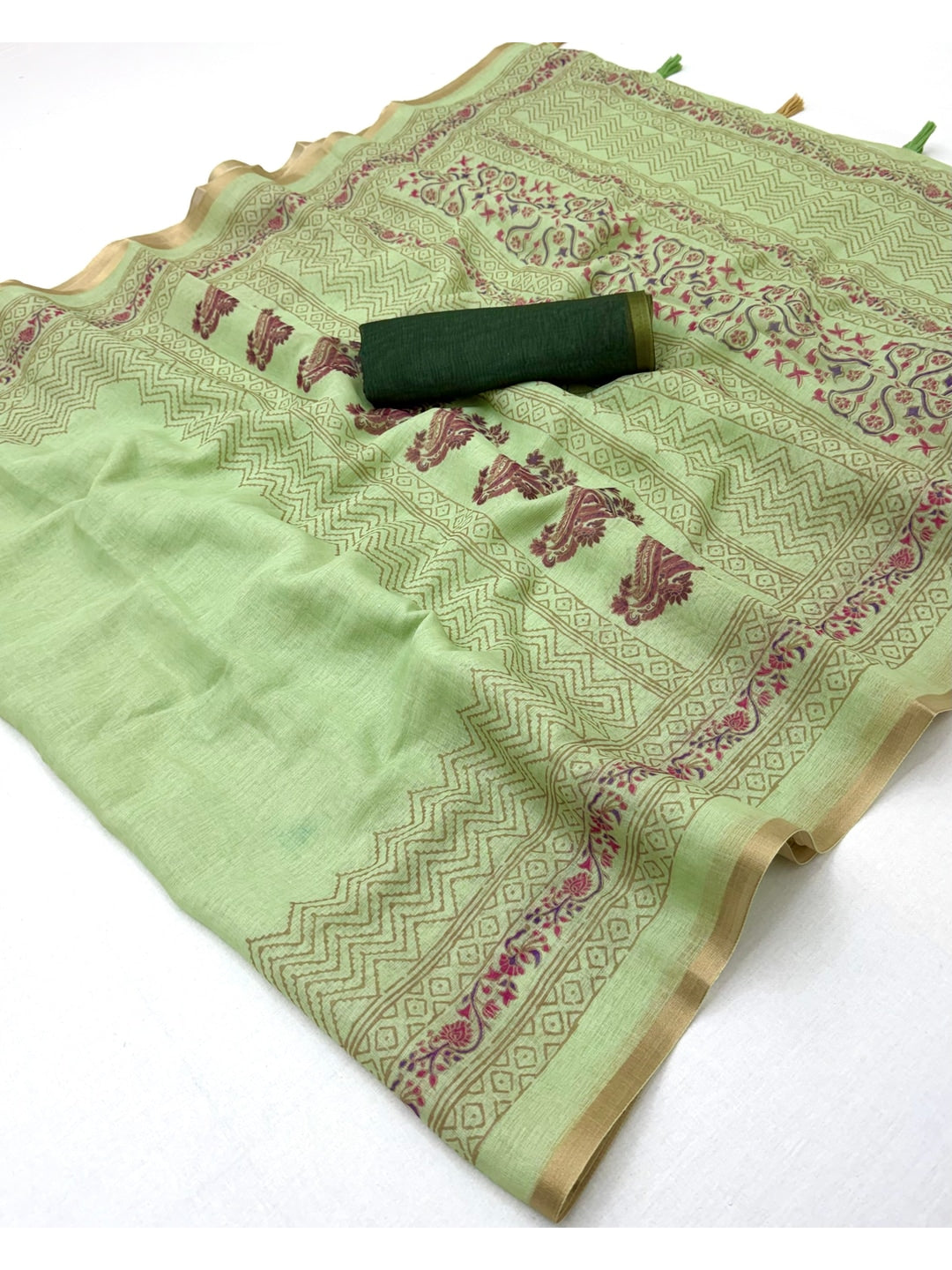 Peachmode Light Green Printed Linen Saree With Zari Border - Image 2