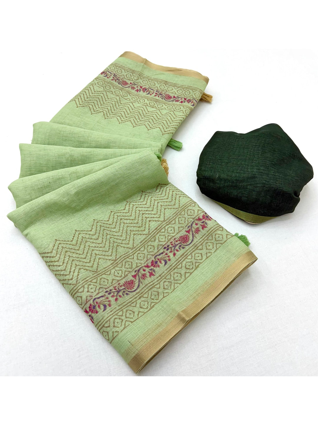 Peachmode Light Green Printed Linen Saree With Zari Border - Image 3