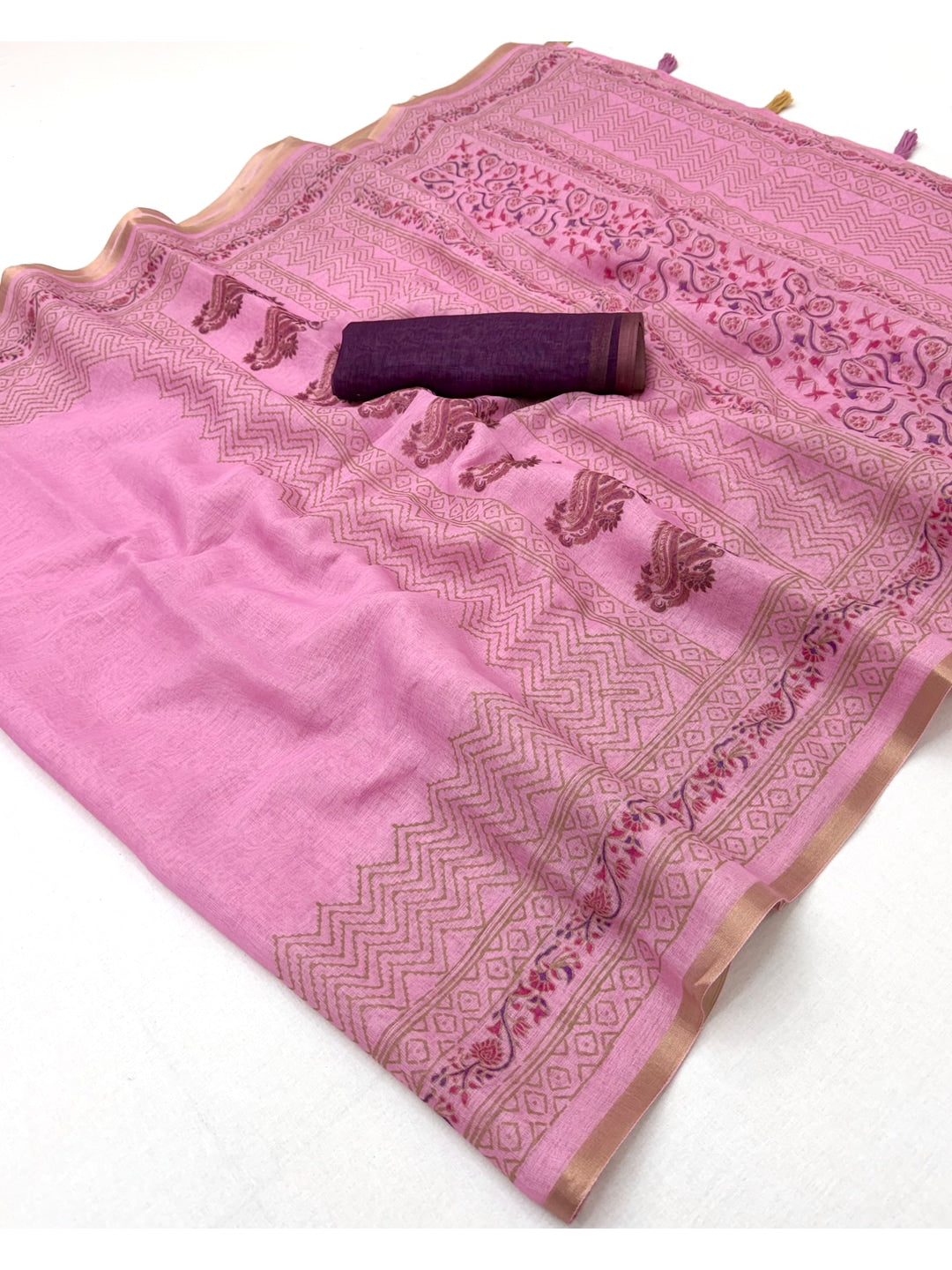 Peachmode Pink Printed Linen Saree With Zari Border - Image 1