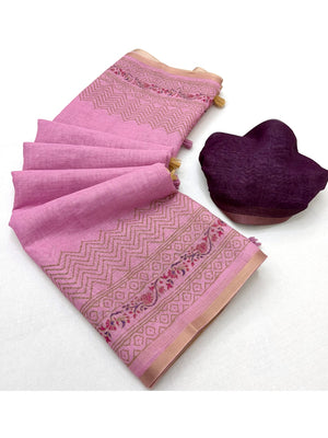 Peachmode Pink Printed Linen Saree With Zari Border - Image 2