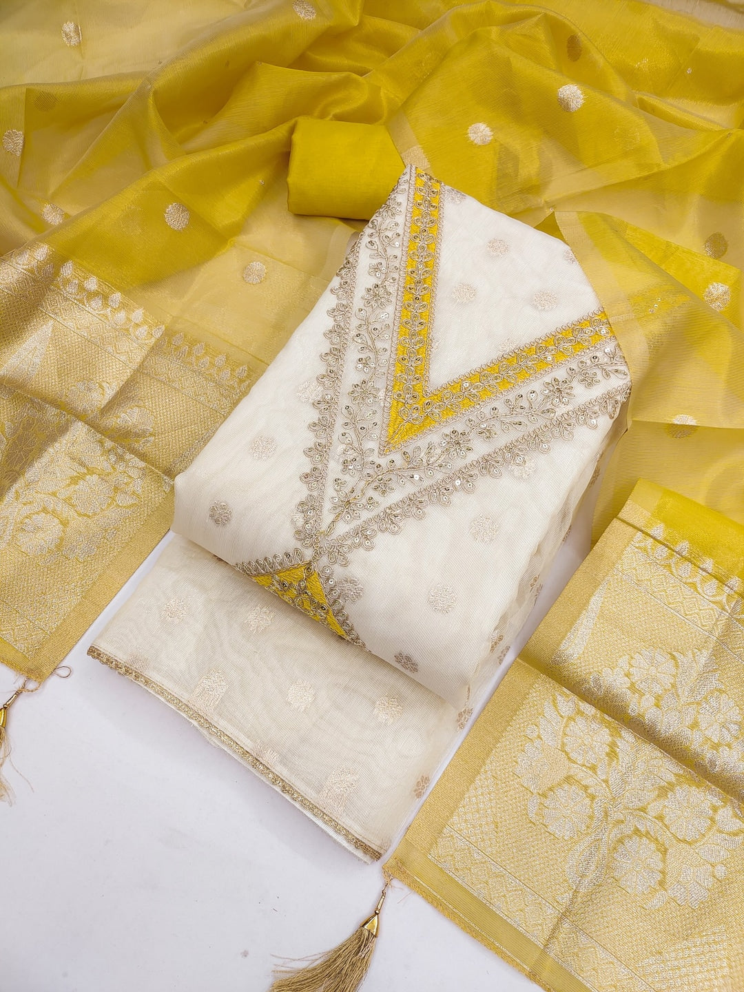 Peachmode Mustard Butti Weaving Shimmer Unstitched Dress Material With V-Neck Thread And Cording Embroidery - Image 2