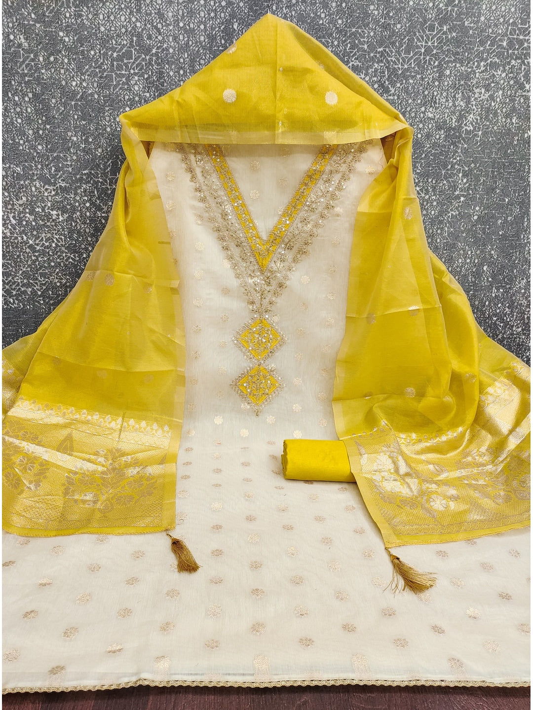 Peachmode Mustard Butti Weaving Shimmer Unstitched Dress Material With V-Neck Thread And Cording Embroidery - Image 3