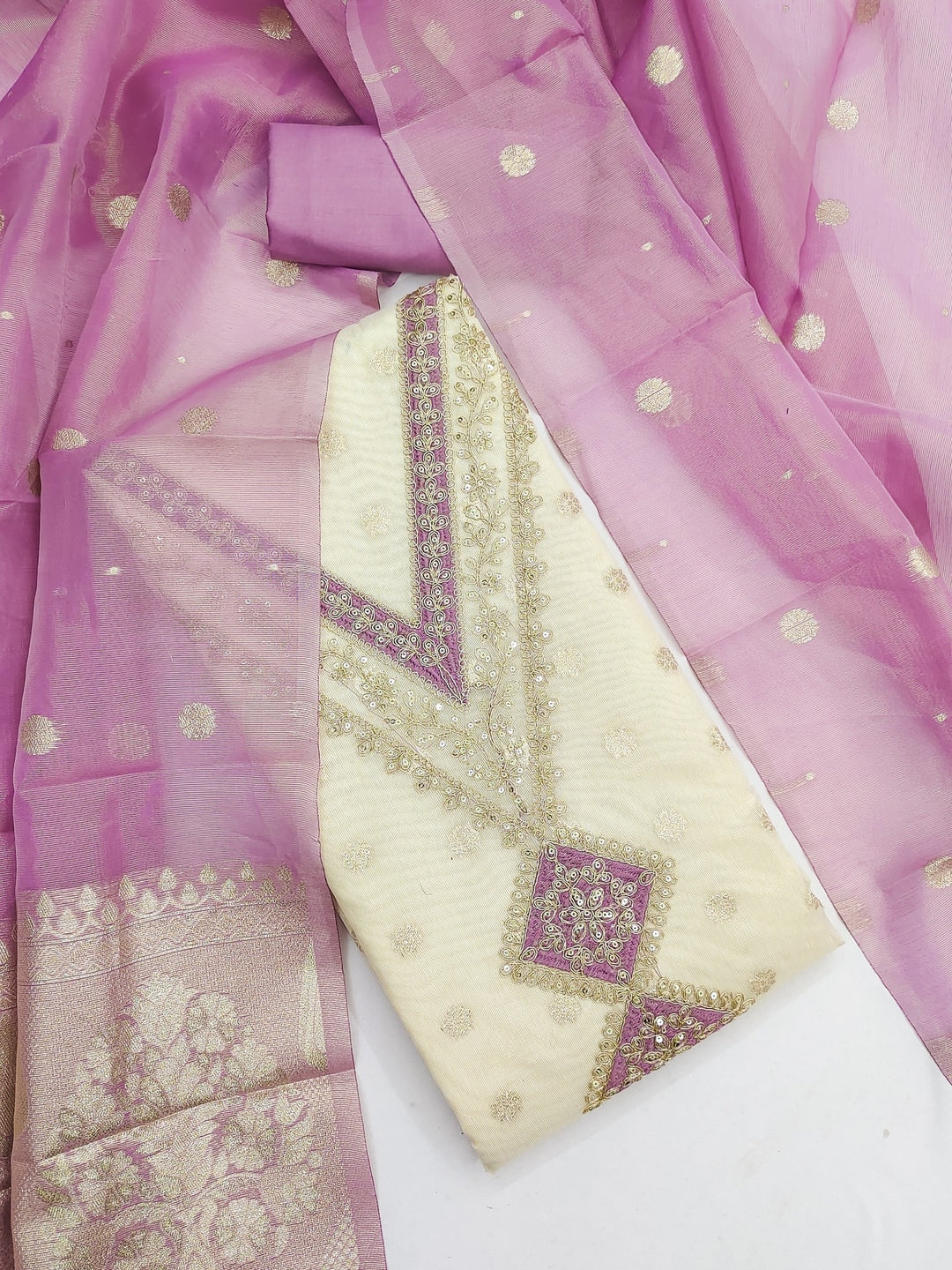 Peachmode Lavender Butti Weaving Shimmer Unstitched Dress Material With V-Neck Thread And Cording Embroidery - Image 1