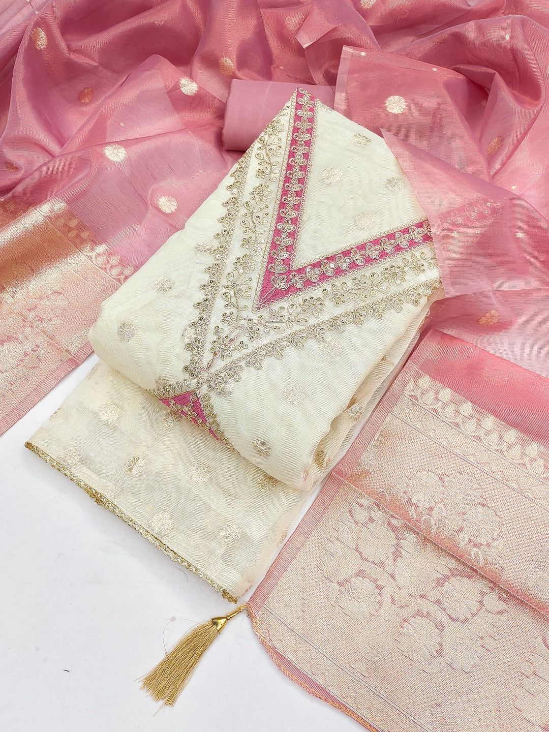 Peachmode Pink Butti Weaving Shimmer Unstitched Dress Material With V-Neck Thread And Cording Embroidery - Image 1