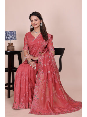Peachmode Coral Embroidered Crunchy Chiffon Saree - Image 2