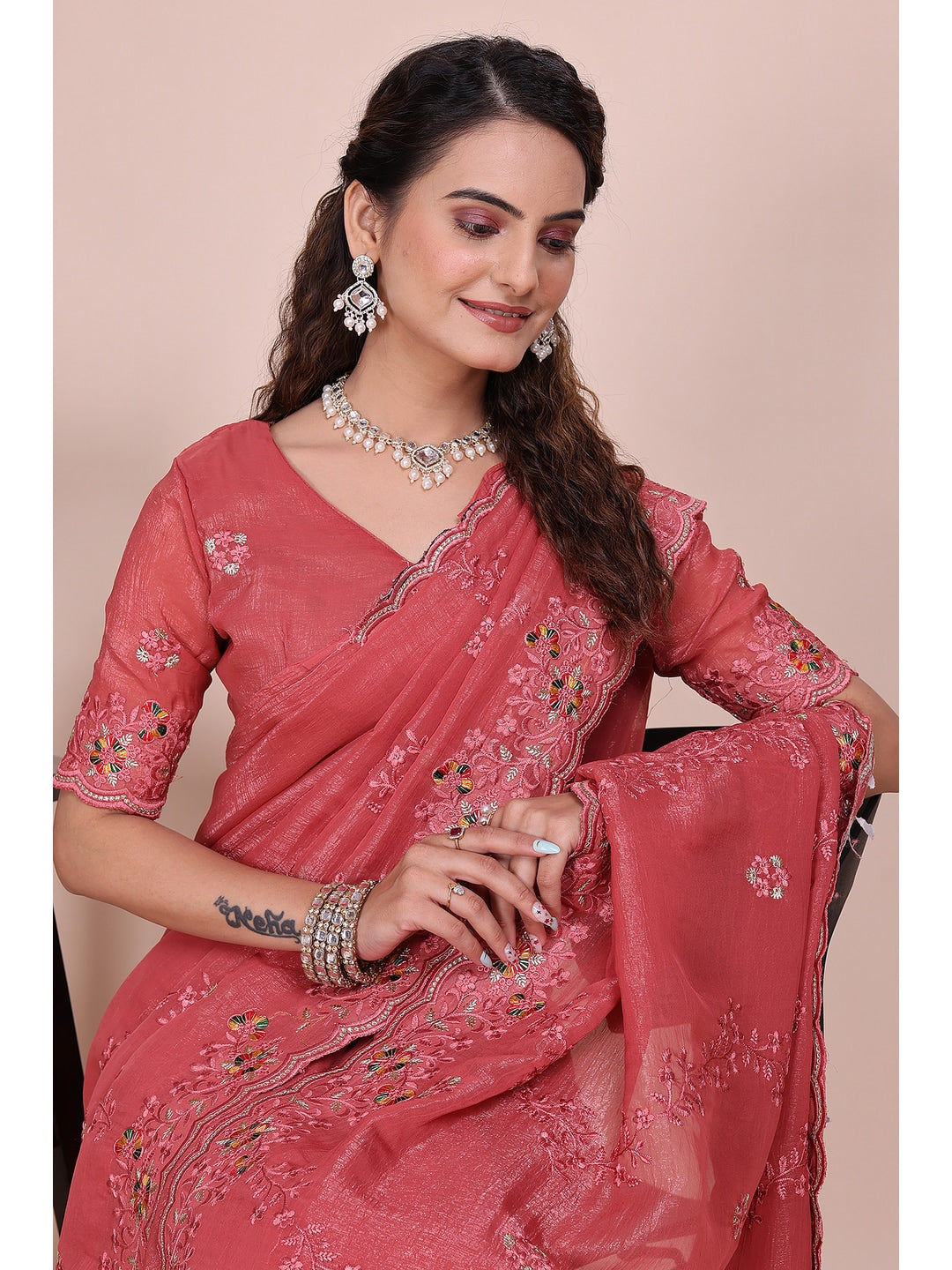 Peachmode Coral Embroidered Crunchy Chiffon Saree - Image 3