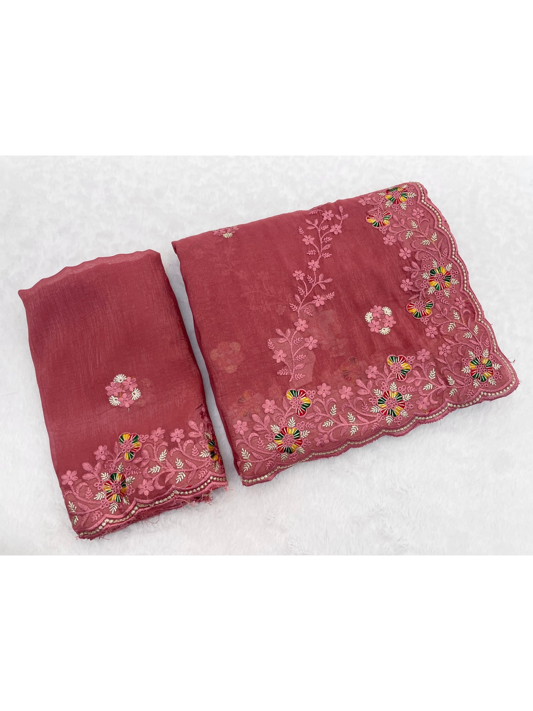 Peachmode Coral Embroidered Crunchy Chiffon Saree - Image 5