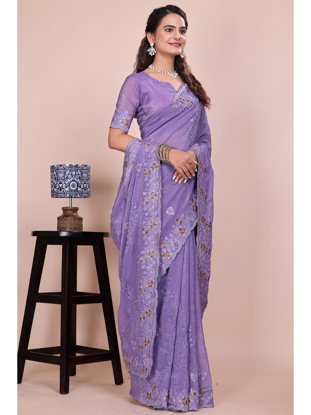 Peachmode Lavender Embroidered Crunchy Chiffon Saree - Image 1