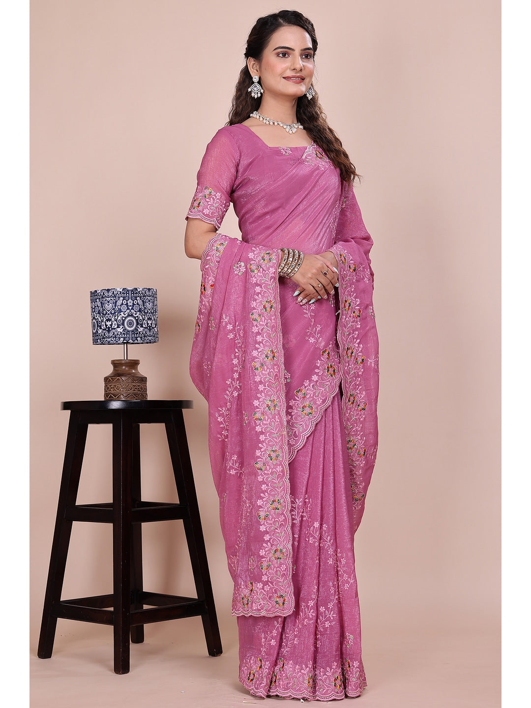Peachmode Pink Embroidered Crunchy Chiffon Saree - Image 1