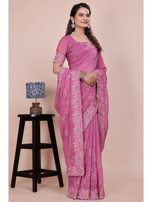 Peachmode Pink Embroidered Crunchy Chiffon Saree - Image 1