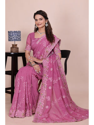 Peachmode Pink Embroidered Crunchy Chiffon Saree - Image 2