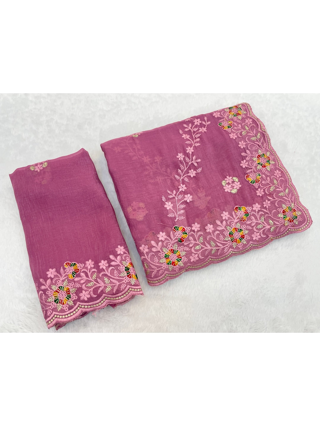 Peachmode Pink Embroidered Crunchy Chiffon Saree - Image 5