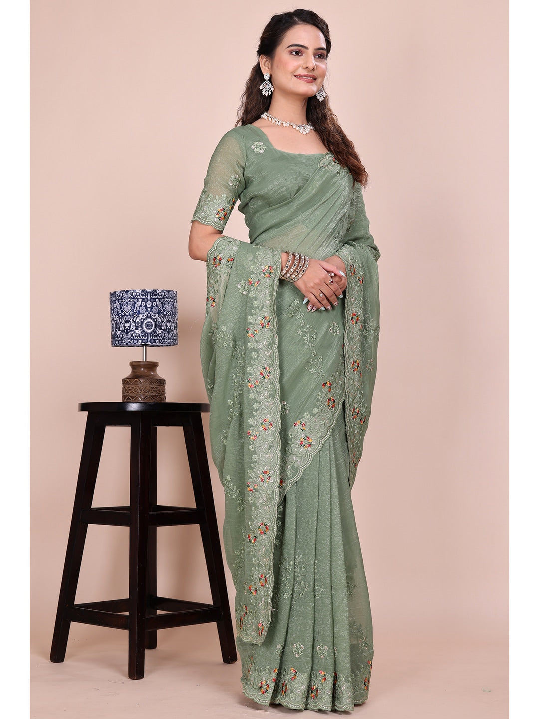 Peachmode Green Embroidered Crunchy Chiffon Saree - Image 1