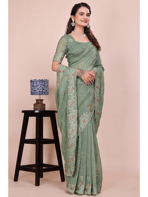 Peachmode Green Embroidered Crunchy Chiffon Saree - Image 1