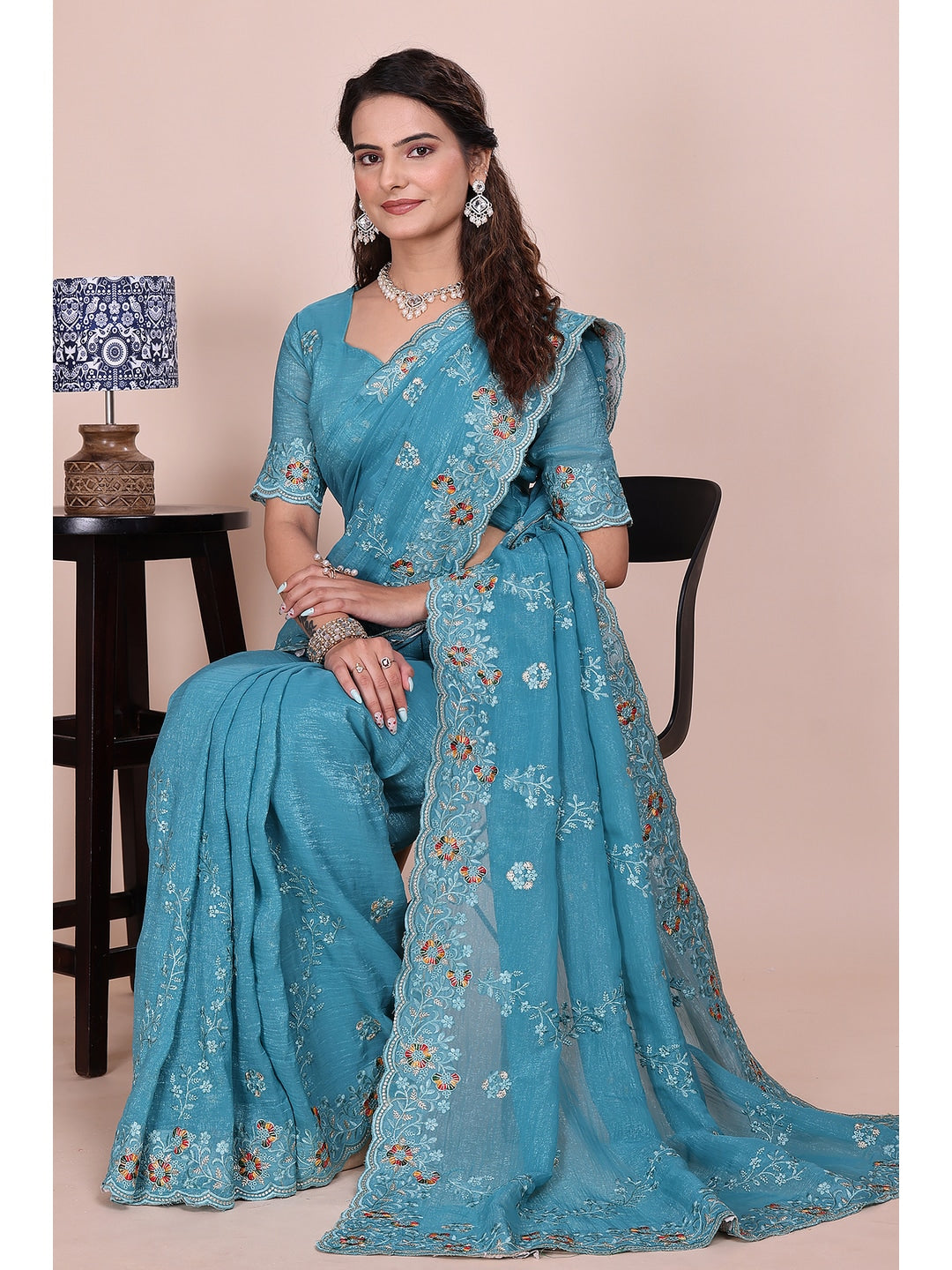 Peachmode Turquoise Embroidered Crunchy Chiffon Saree - Image 2