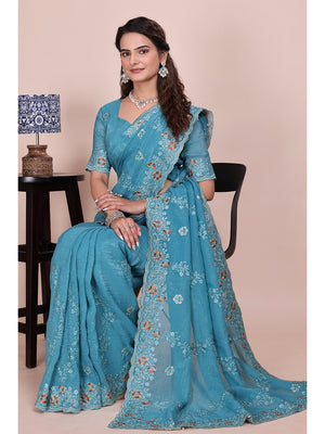 Peachmode Turquoise Embroidered Crunchy Chiffon Saree - Image 2