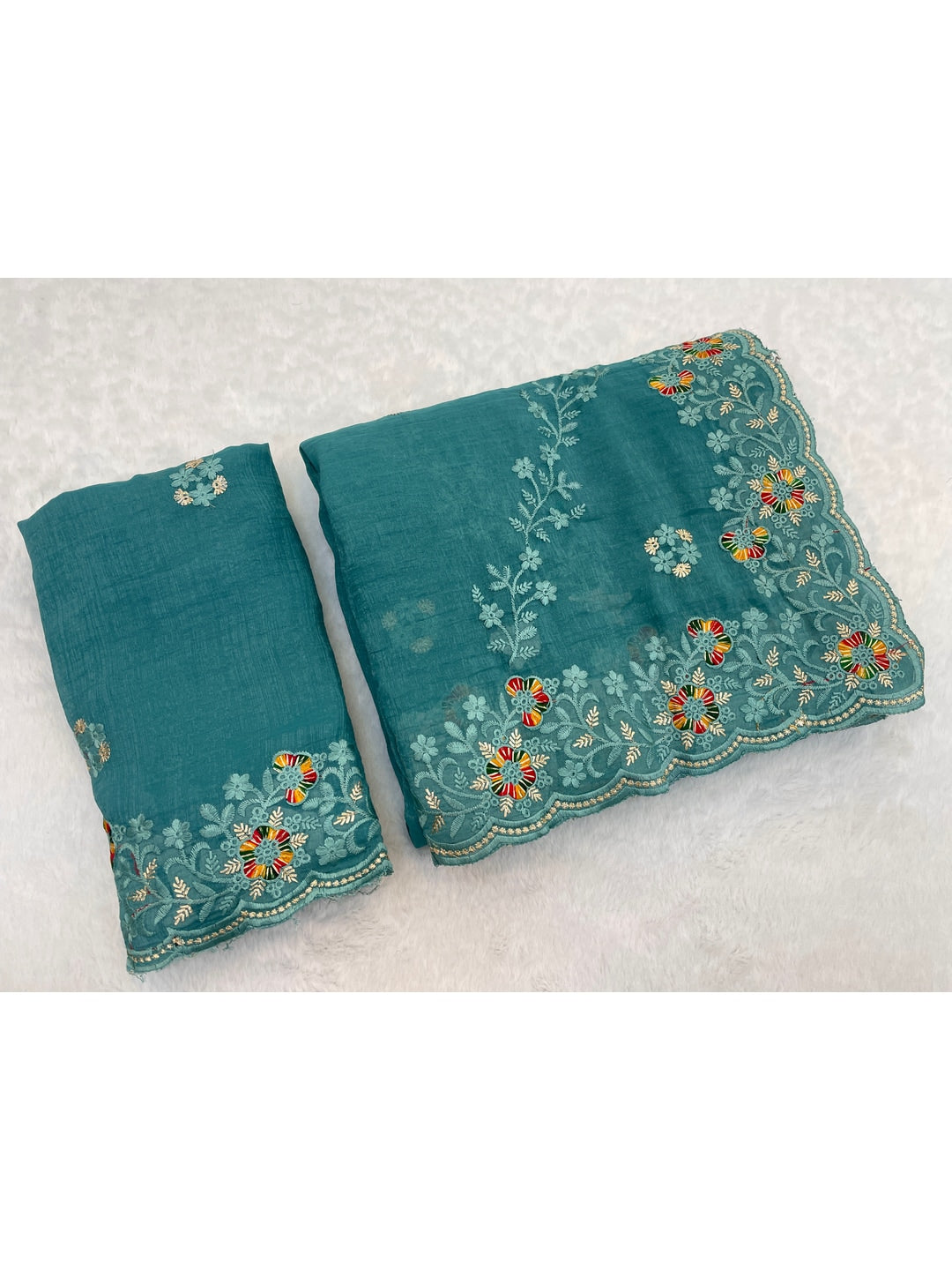 Peachmode Turquoise Embroidered Crunchy Chiffon Saree - Image 5