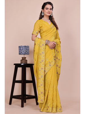 Peachmode Yellow Embroidered Crunchy Chiffon Saree - Image 1