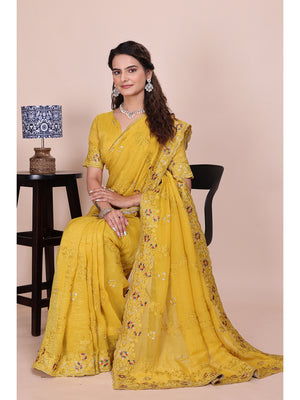 Peachmode Yellow Embroidered Crunchy Chiffon Saree - Image 2