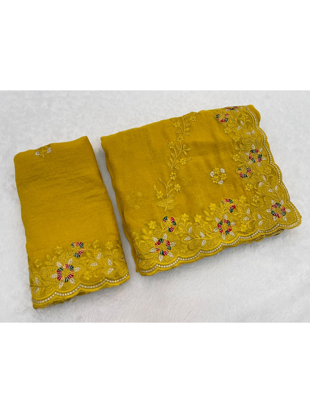Peachmode Yellow Embroidered Crunchy Chiffon Saree - Image 5