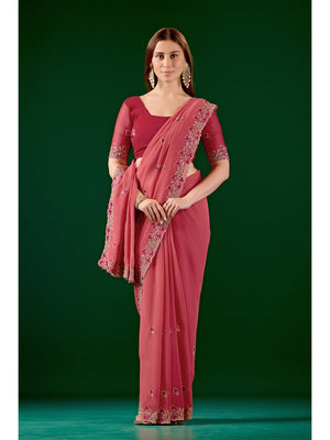 Peachmode Coral Embroidered Georgette Saree - Image 1