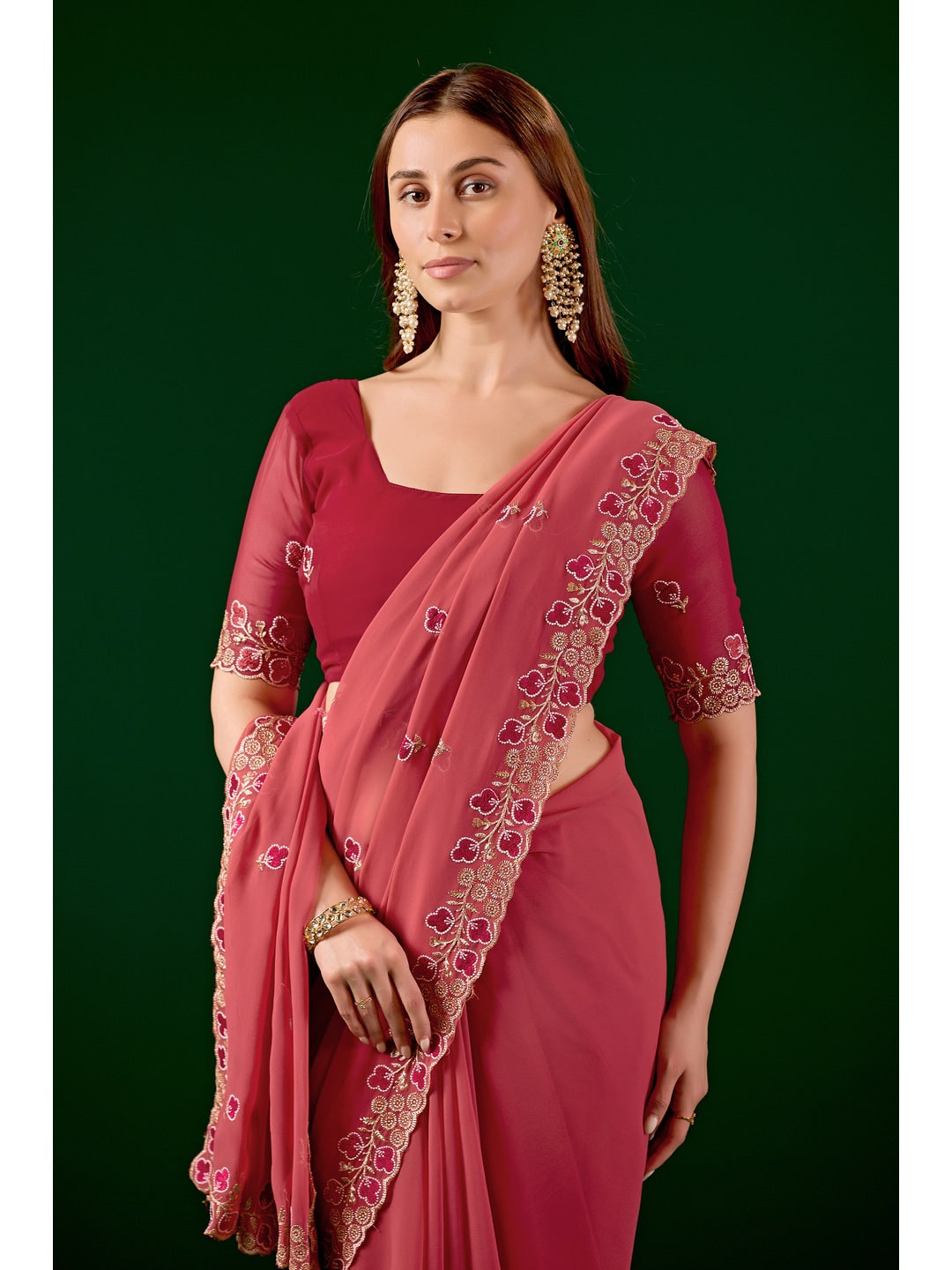 Peachmode Coral Embroidered Georgette Saree - Image 2