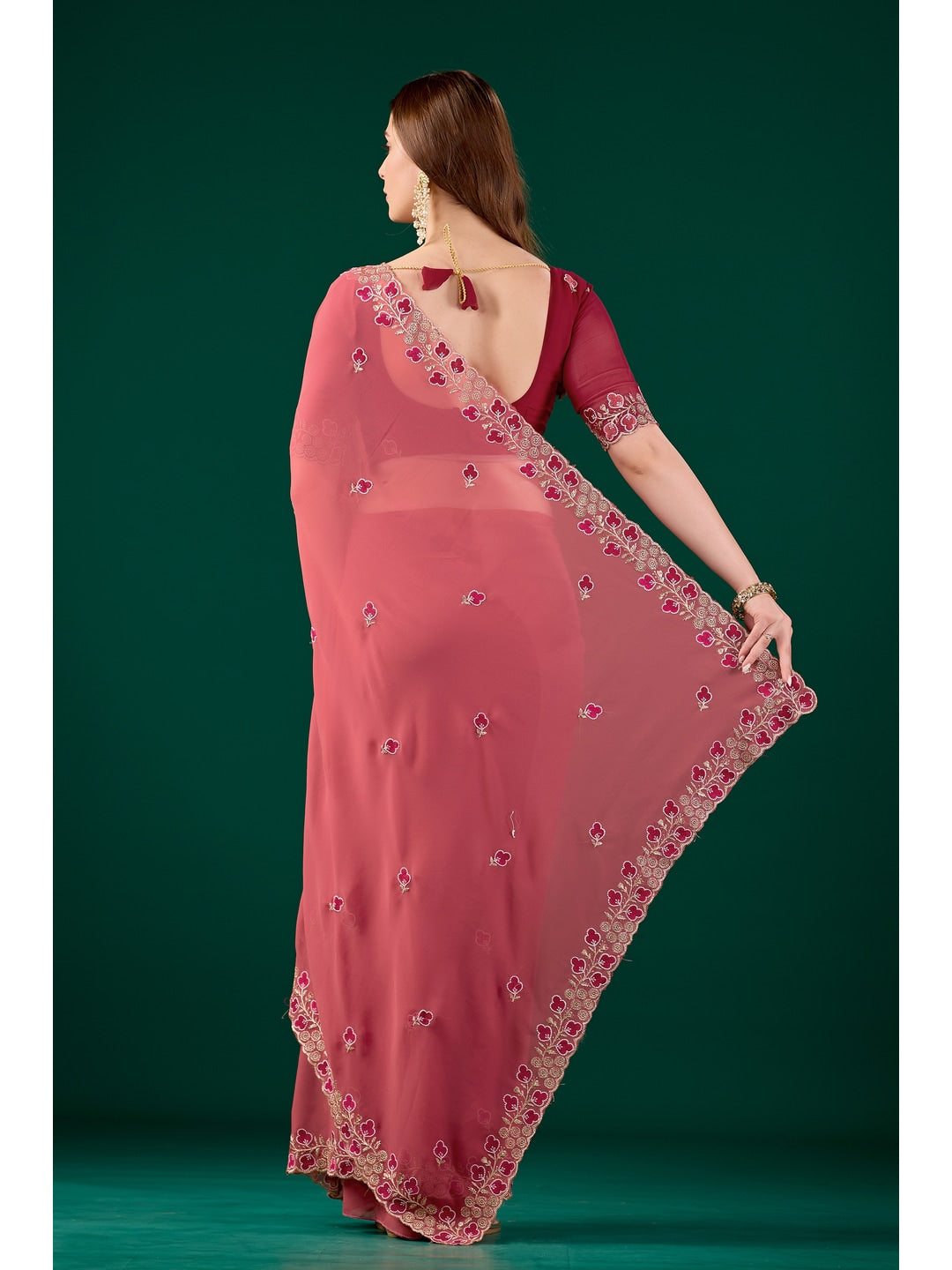 Peachmode Coral Embroidered Georgette Saree - Image 3