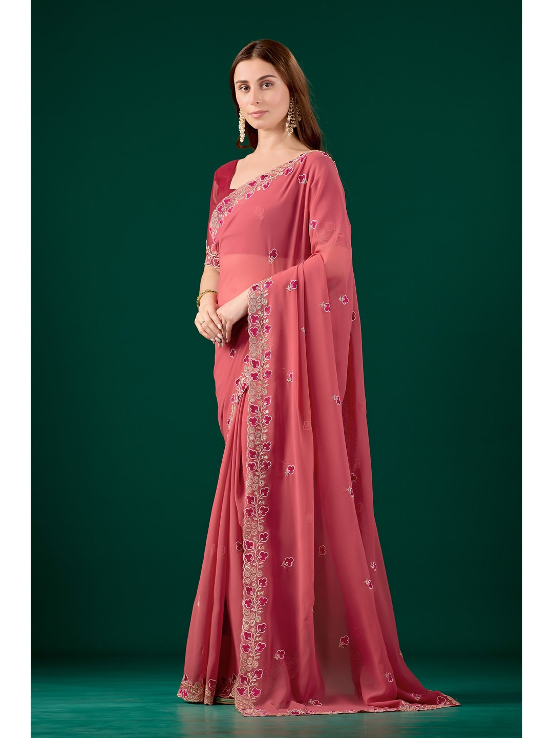 Peachmode Coral Embroidered Georgette Saree - Image 4