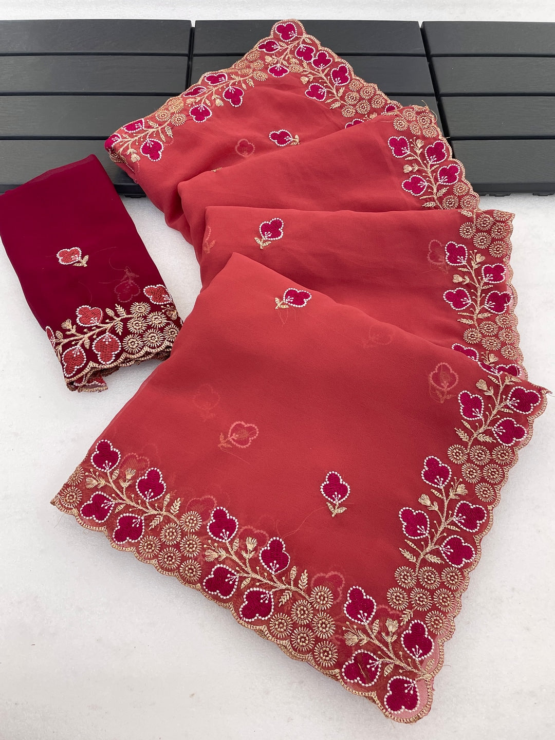 Peachmode Coral Embroidered Georgette Saree - Image 5