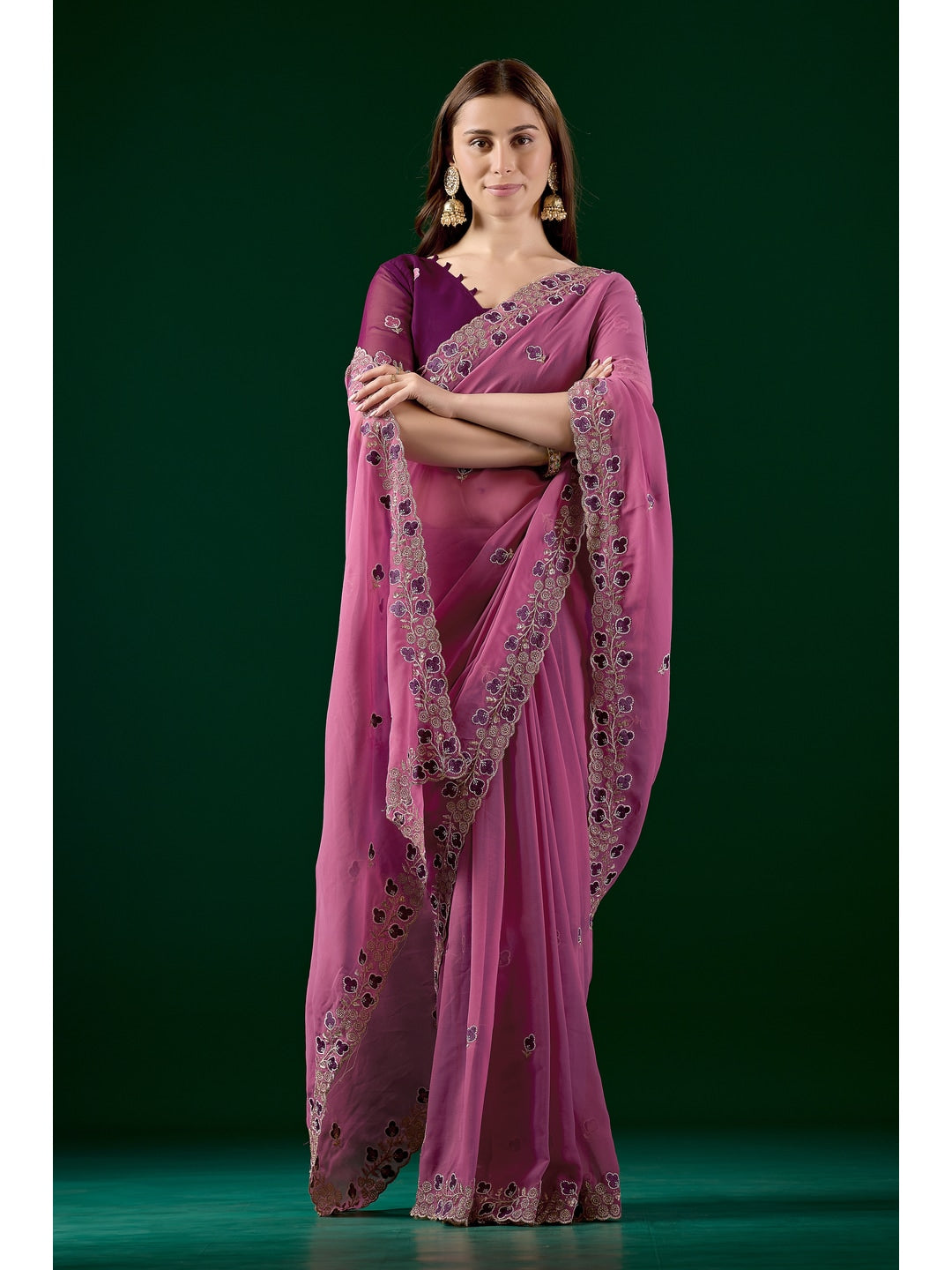 Peachmode Pink Embroidered Georgette Saree - Image 1