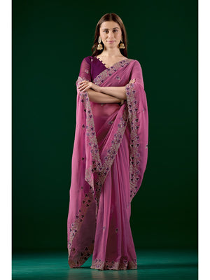 Peachmode Pink Embroidered Georgette Saree - Image 1