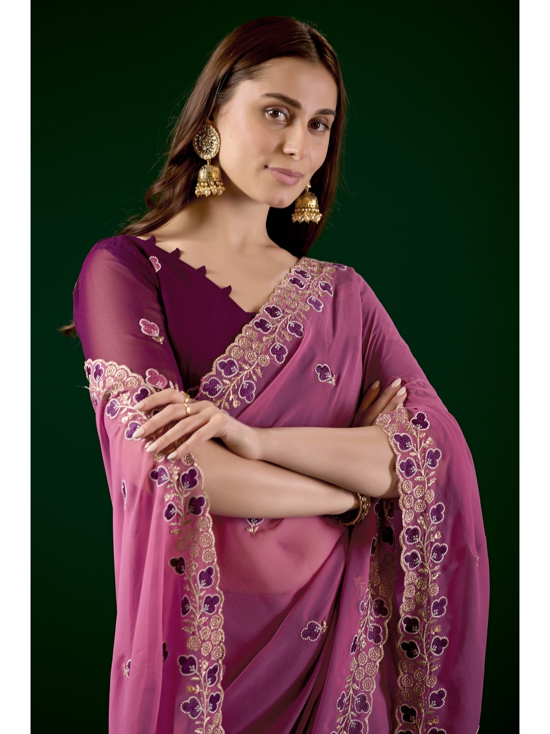 Peachmode Pink Embroidered Georgette Saree - Image 2