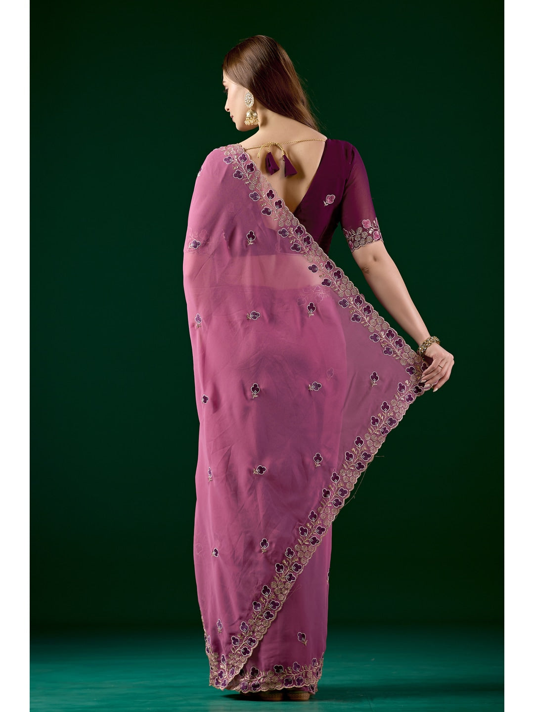 Peachmode Pink Embroidered Georgette Saree - Image 3