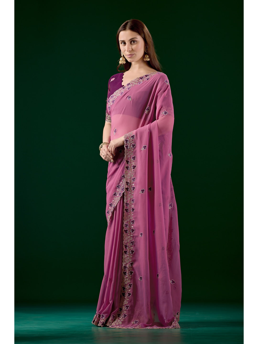 Peachmode Pink Embroidered Georgette Saree - Image 4