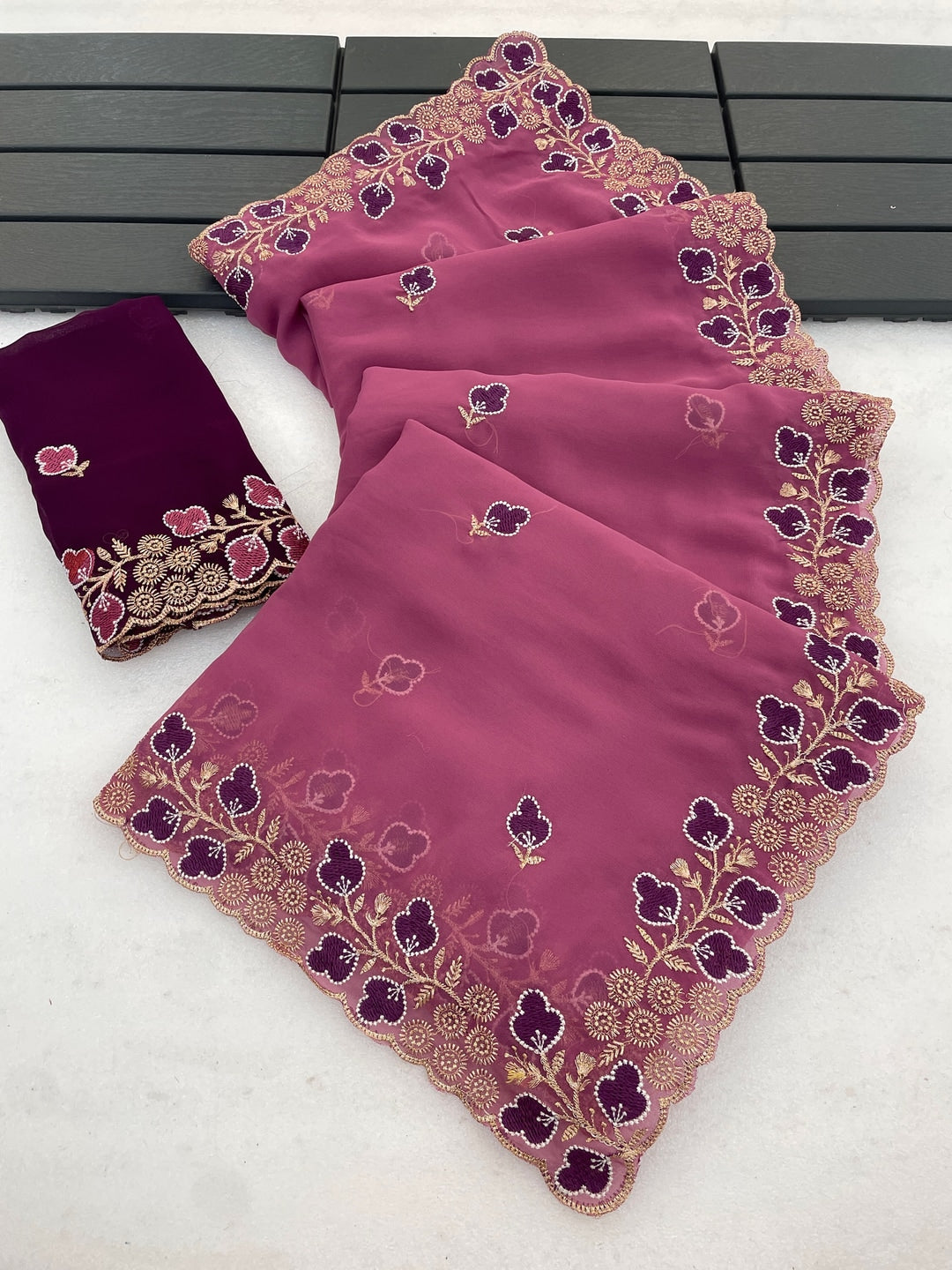 Peachmode Pink Embroidered Georgette Saree - Image 5