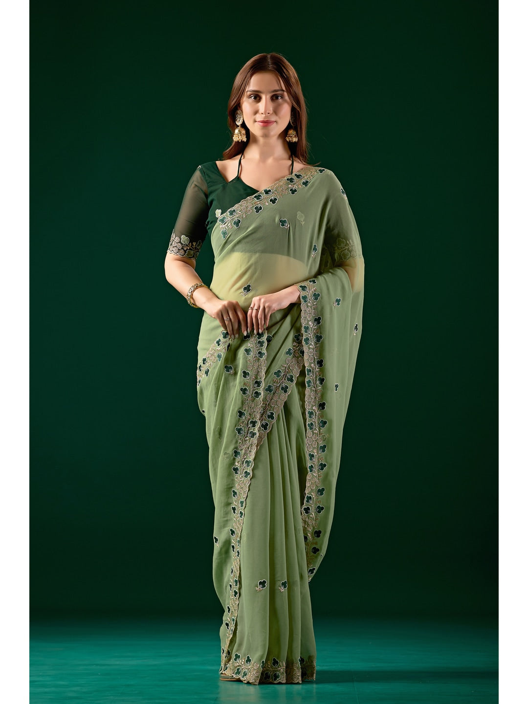 Peachmode Green Embroidered Georgette Saree - Image 1