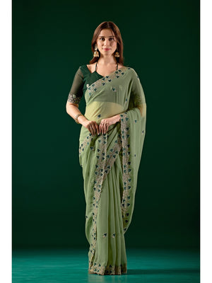 Peachmode Green Embroidered Georgette Saree - Image 1