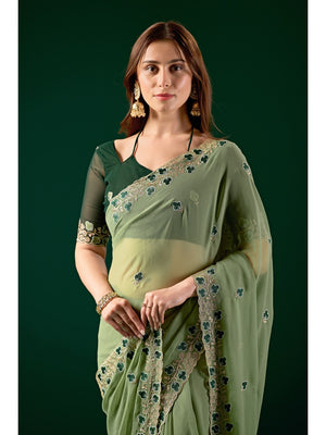 Peachmode Green Embroidered Georgette Saree - Image 2