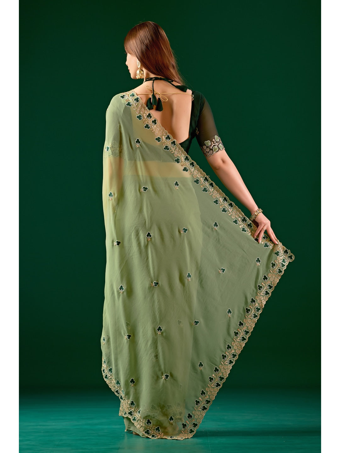 Peachmode Green Embroidered Georgette Saree - Image 3