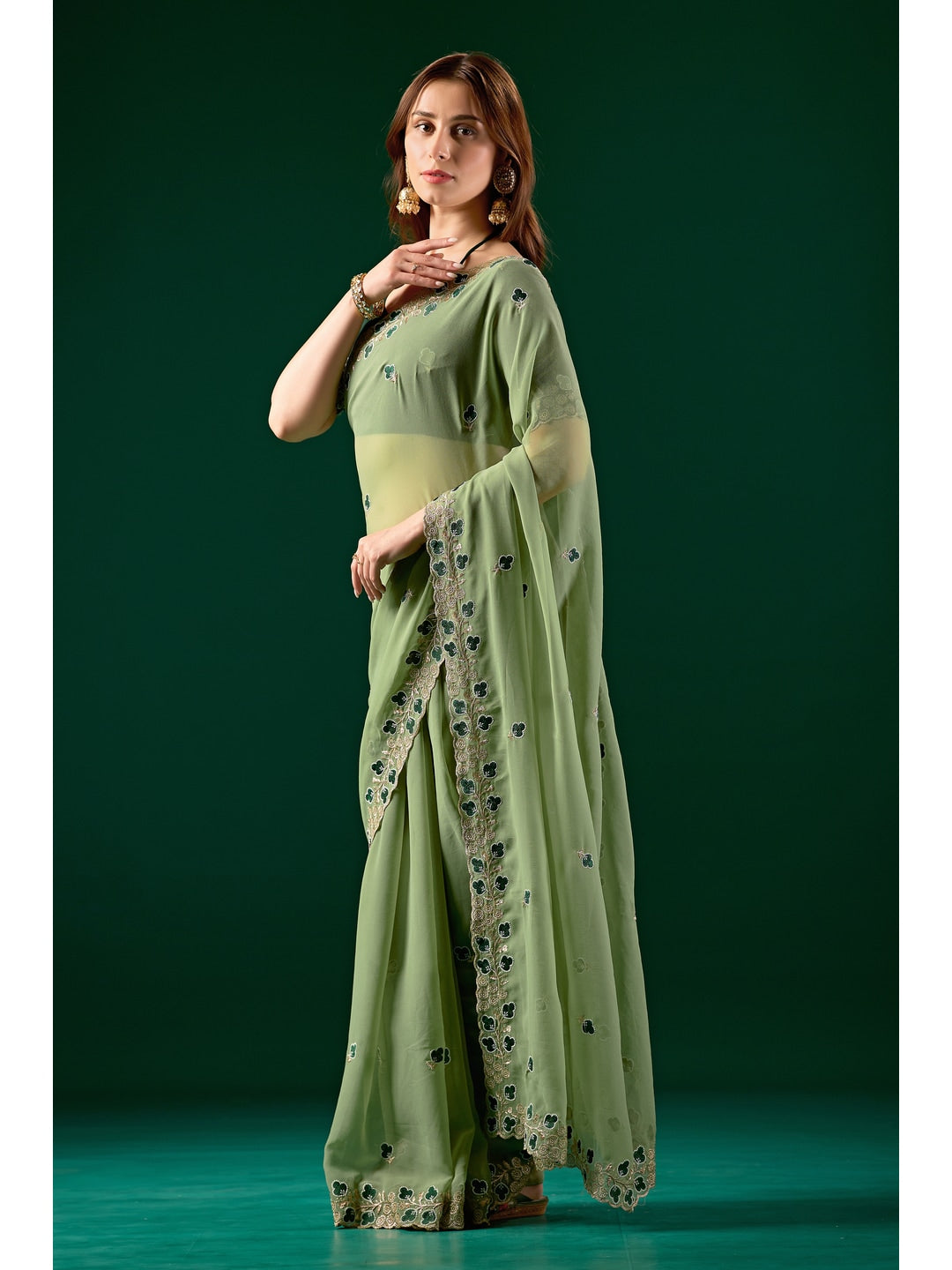 Peachmode Green Embroidered Georgette Saree - Image 4