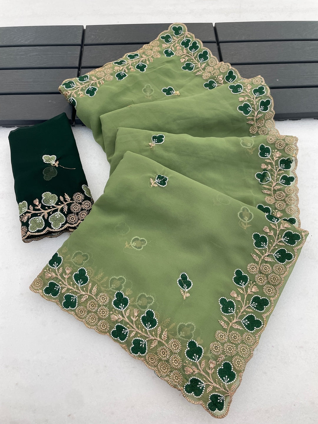 Peachmode Green Embroidered Georgette Saree - Image 5