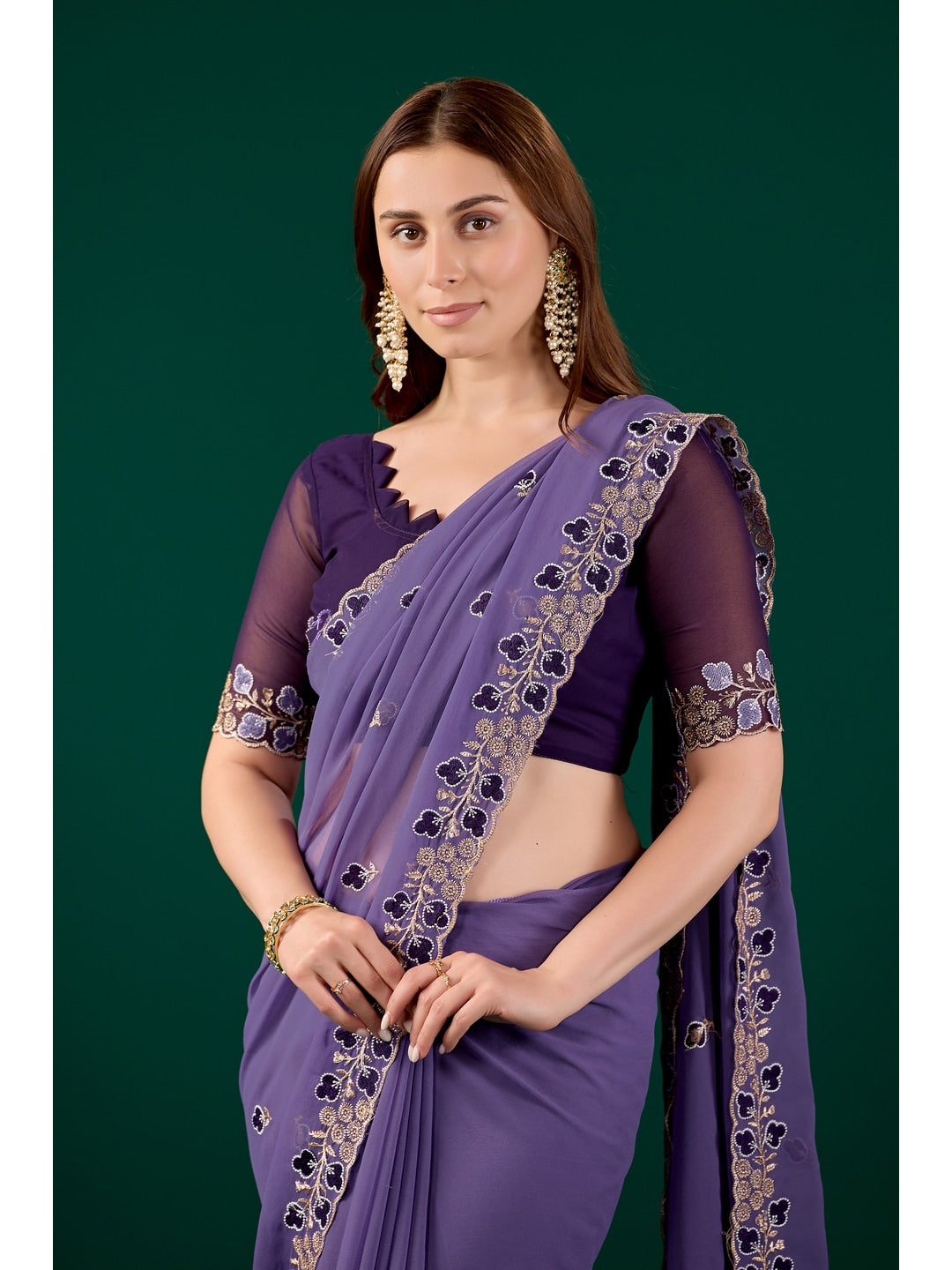 Peachmode Purple Embroidered Georgette Saree - Image 2