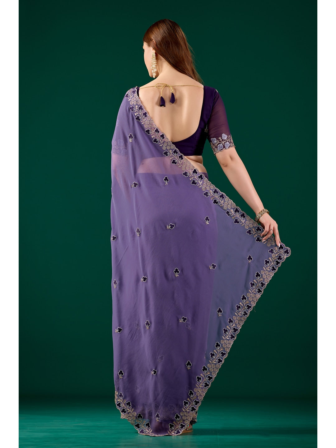 Peachmode Purple Embroidered Georgette Saree - Image 3