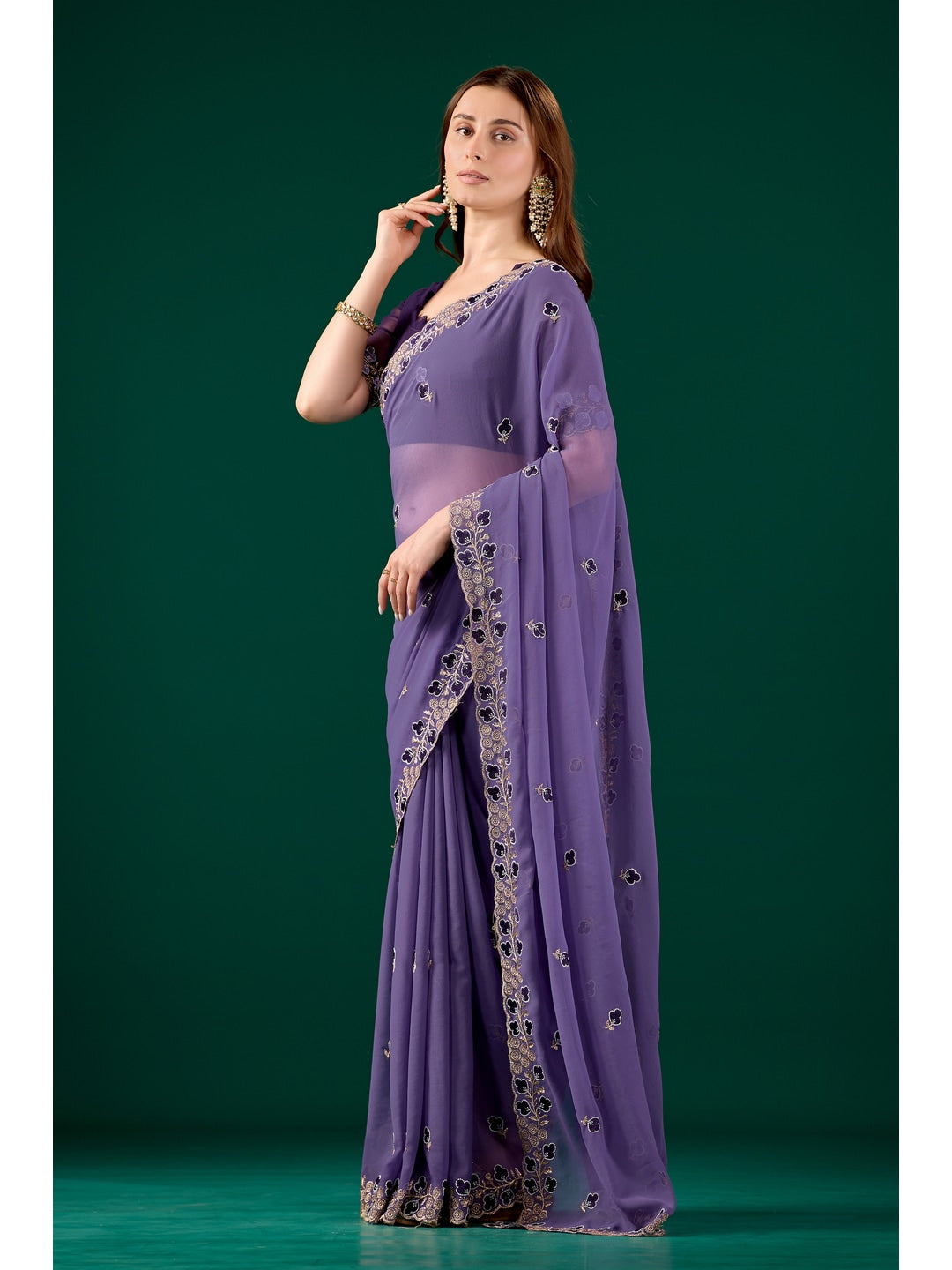 Peachmode Purple Embroidered Georgette Saree - Image 4