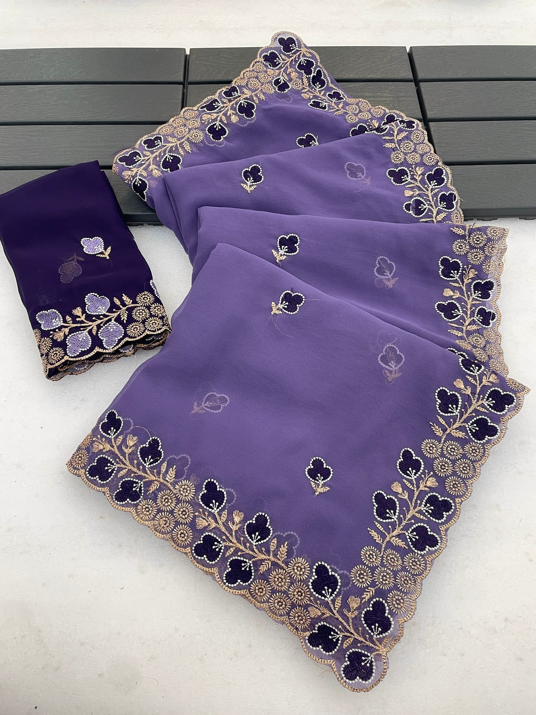Peachmode Purple Embroidered Georgette Saree - Image 5
