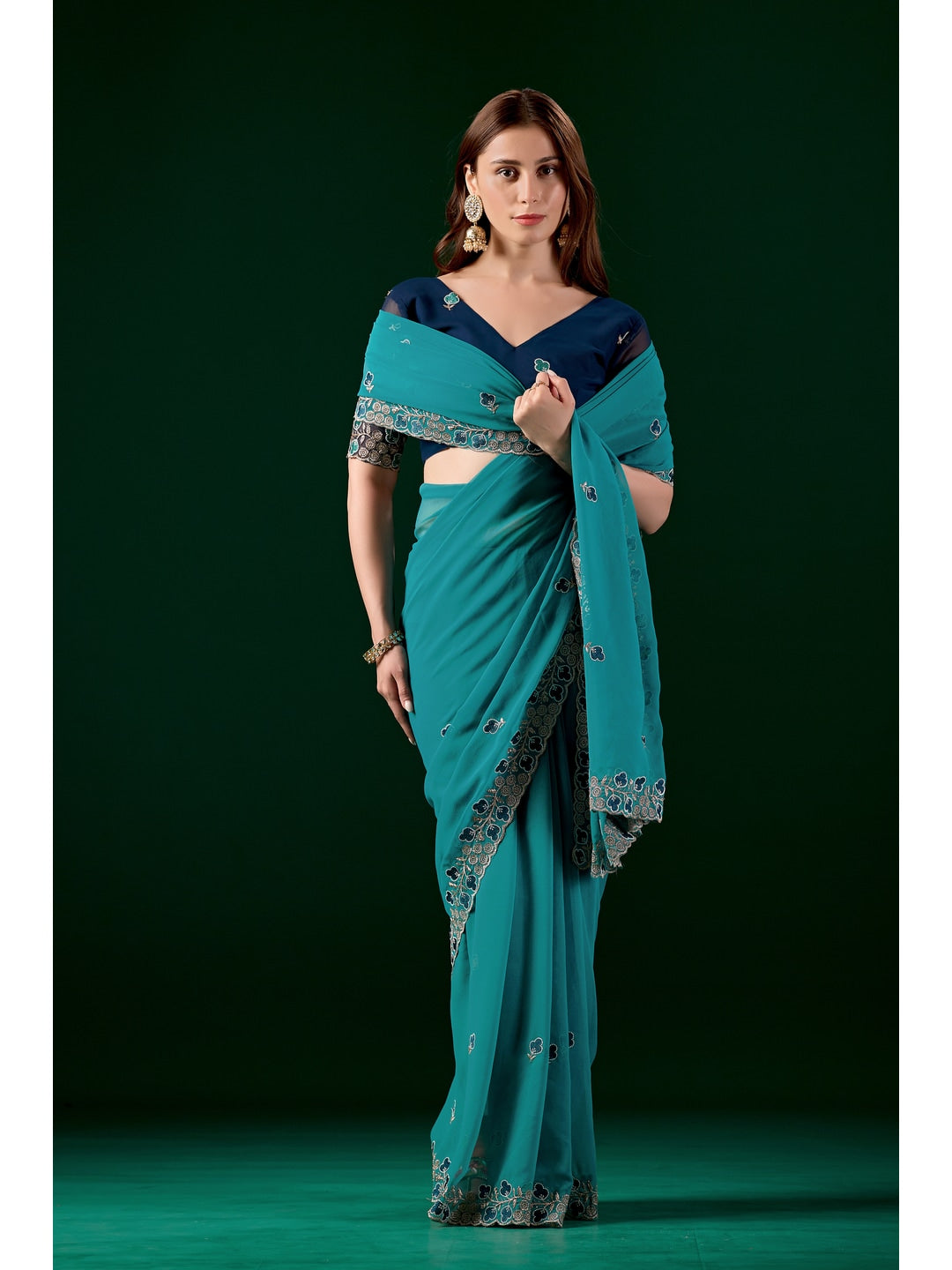 Peachmode Turquoise Embroidered Georgette Saree - Image 1