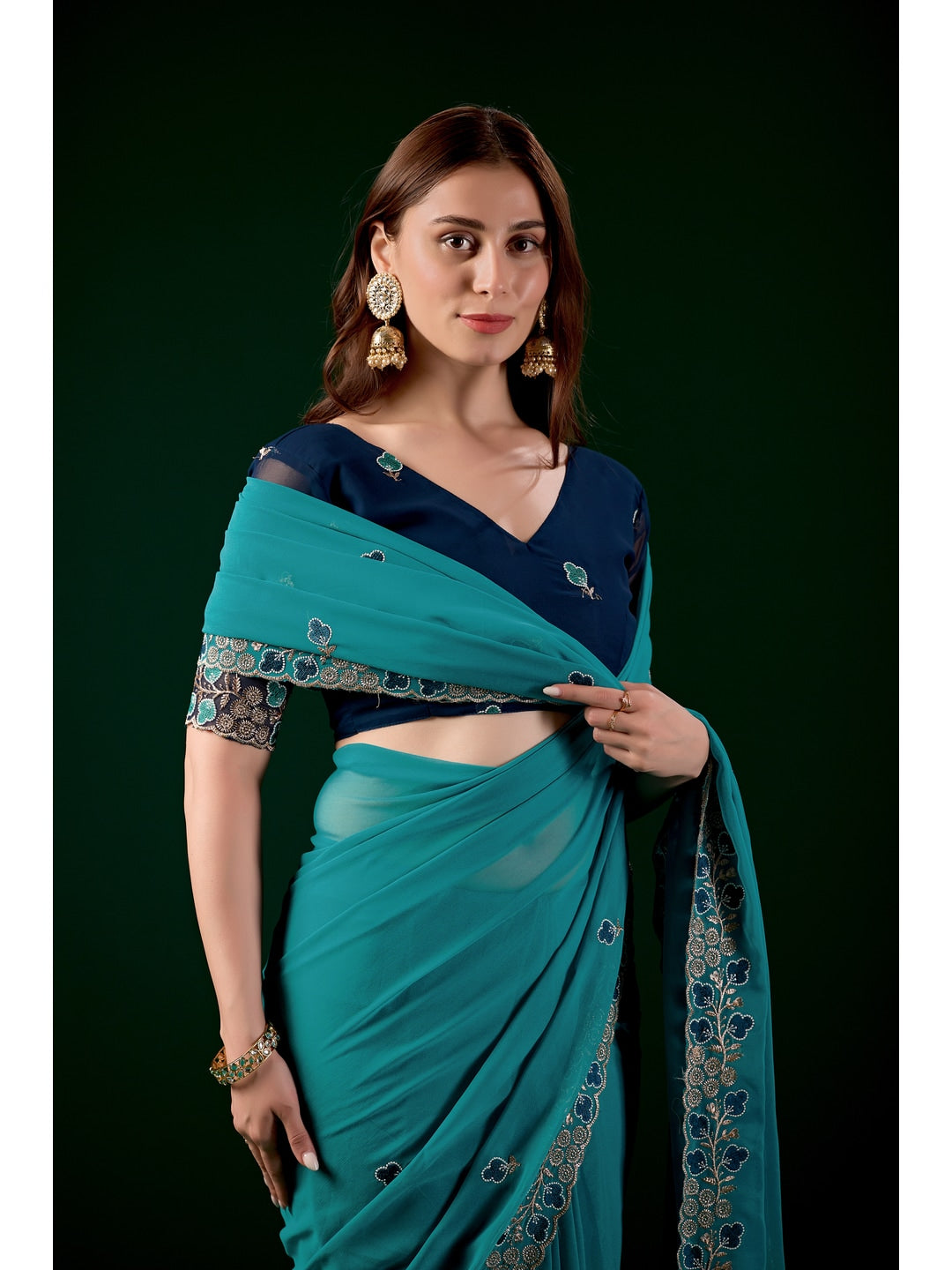Peachmode Turquoise Embroidered Georgette Saree - Image 2