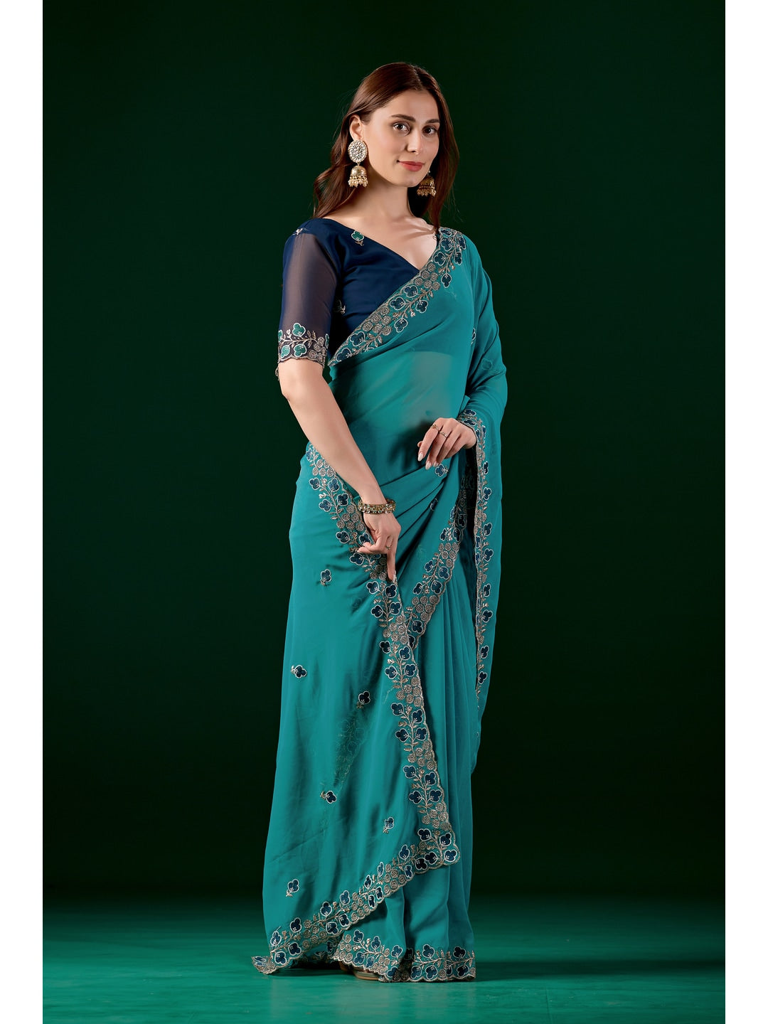 Peachmode Turquoise Embroidered Georgette Saree - Image 4