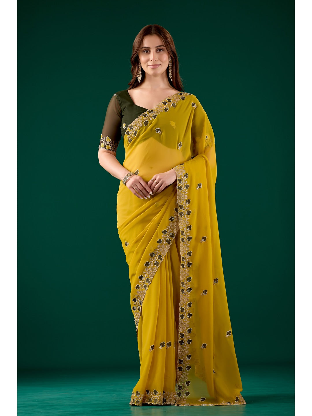 Peachmode Yellow Embroidered Georgette Saree - Image 1