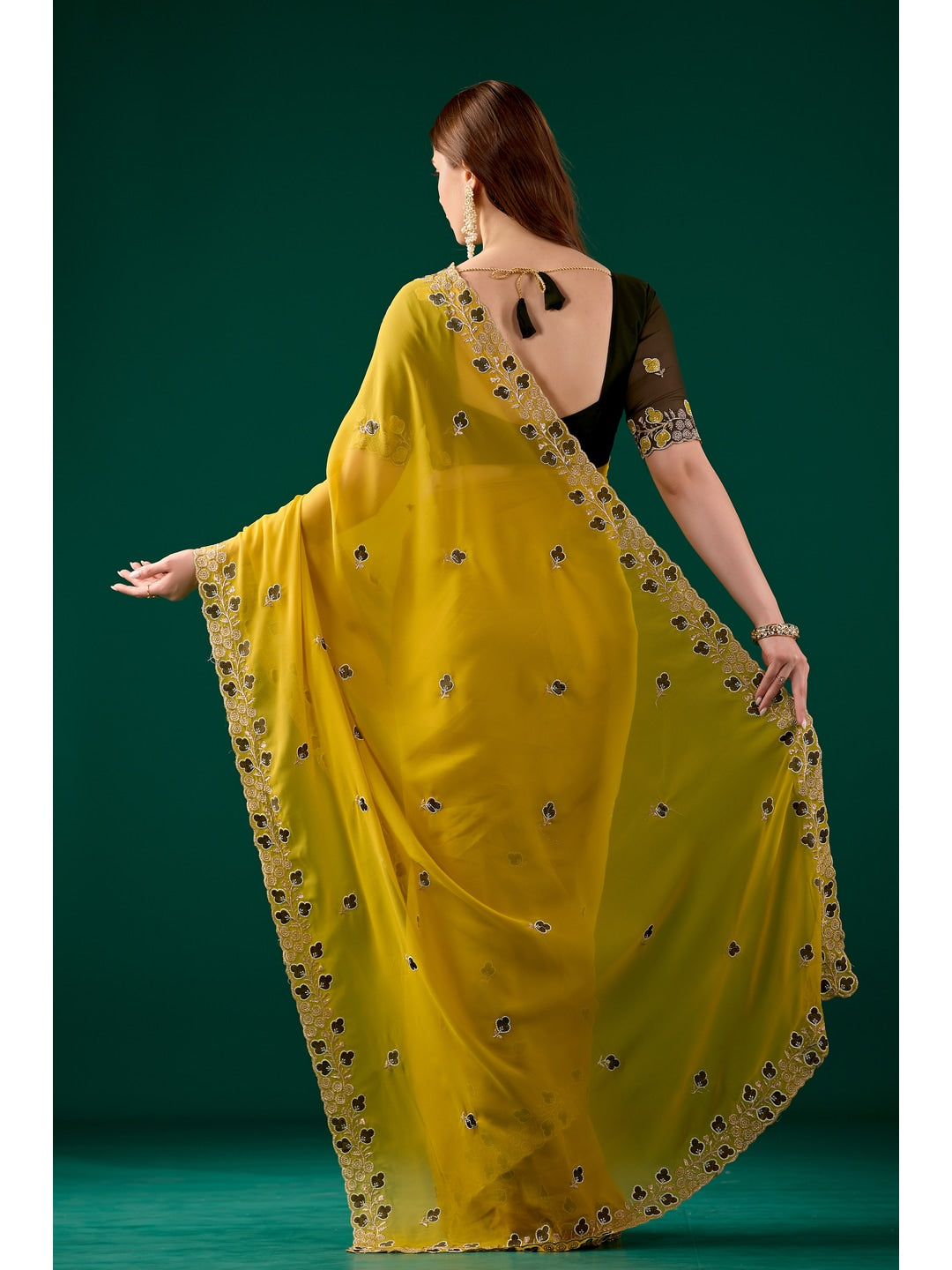 Peachmode Yellow Embroidered Georgette Saree - Image 3